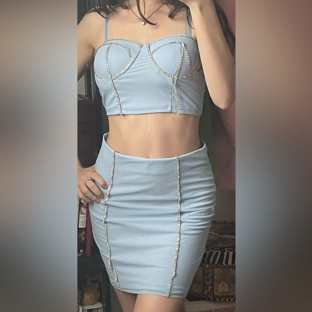 Baby blue Crystal Set, skirt & crop top bralette like